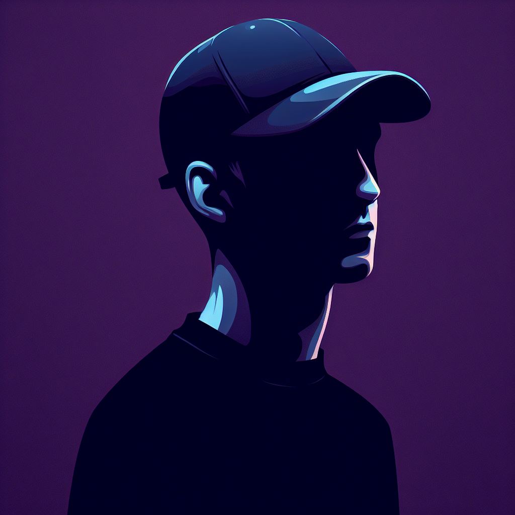 Generated using this prompt -> "potrait of a man wearing black shirt and blue cap, flat face, no face, facing top left, inspiration, dark purple background, concept, digital art"